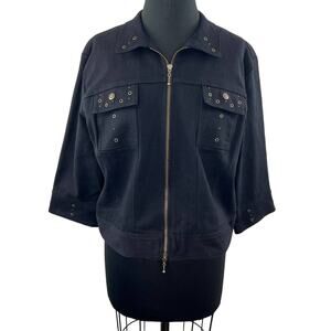 BARBARA LESSER Fibers Black Gold Stretch Denim Full Zip Jacket Collar USA L